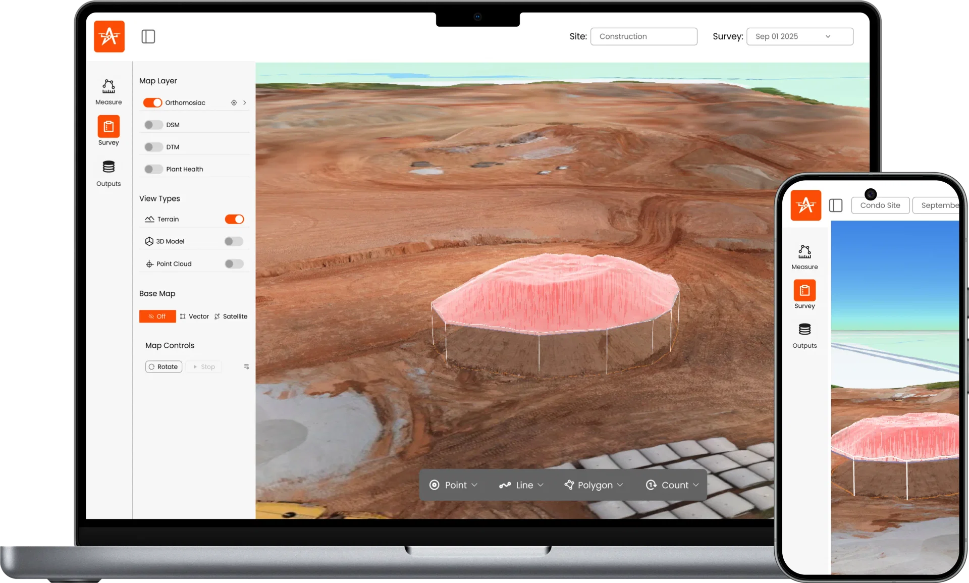 Aeroyantra drone mapping platform interface displaying 3D terrain model, orthomosaic viewer, and measurement tools for construction and mining sites