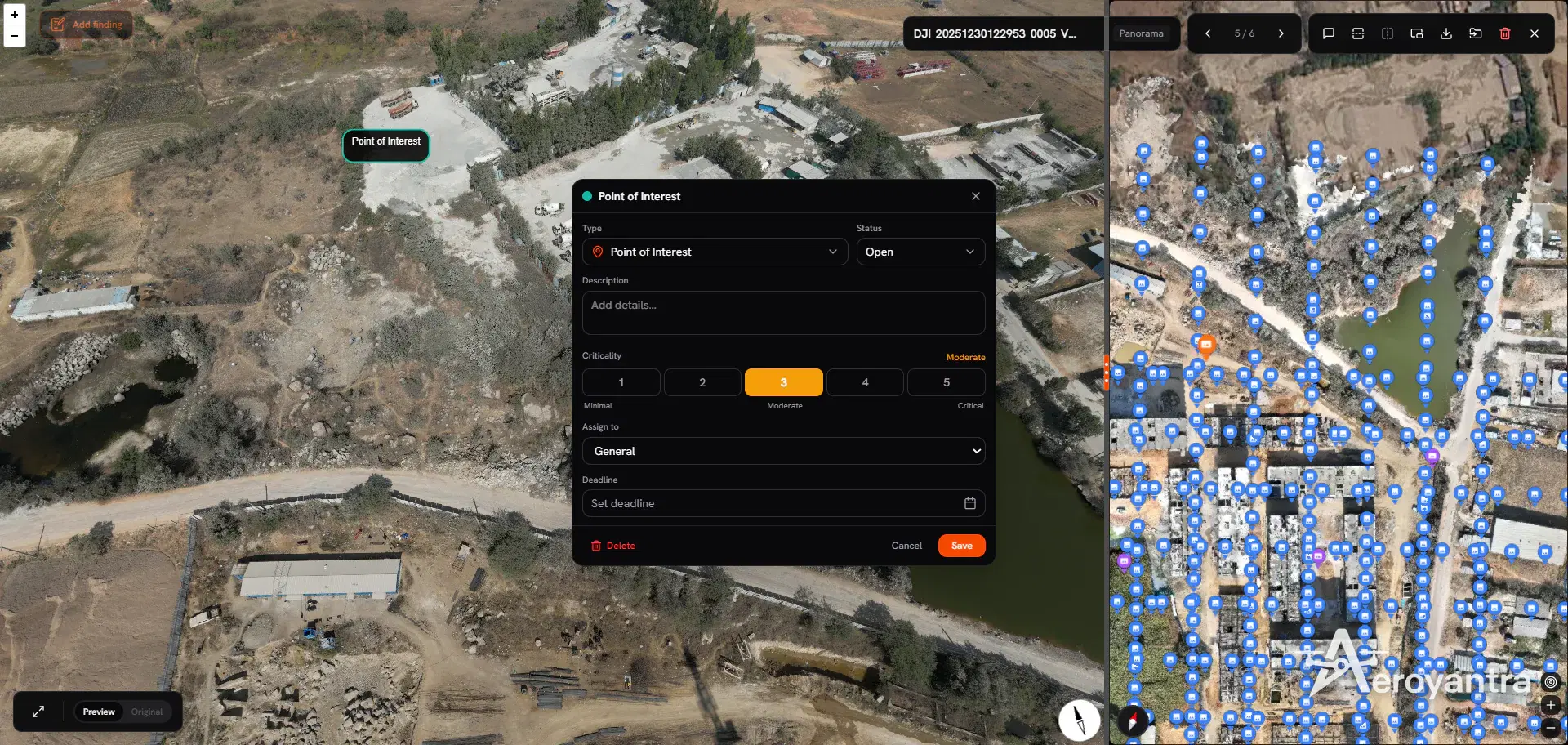 Point of Interest finding logged on a site photo with criticality rating - basement excavation, residential construction