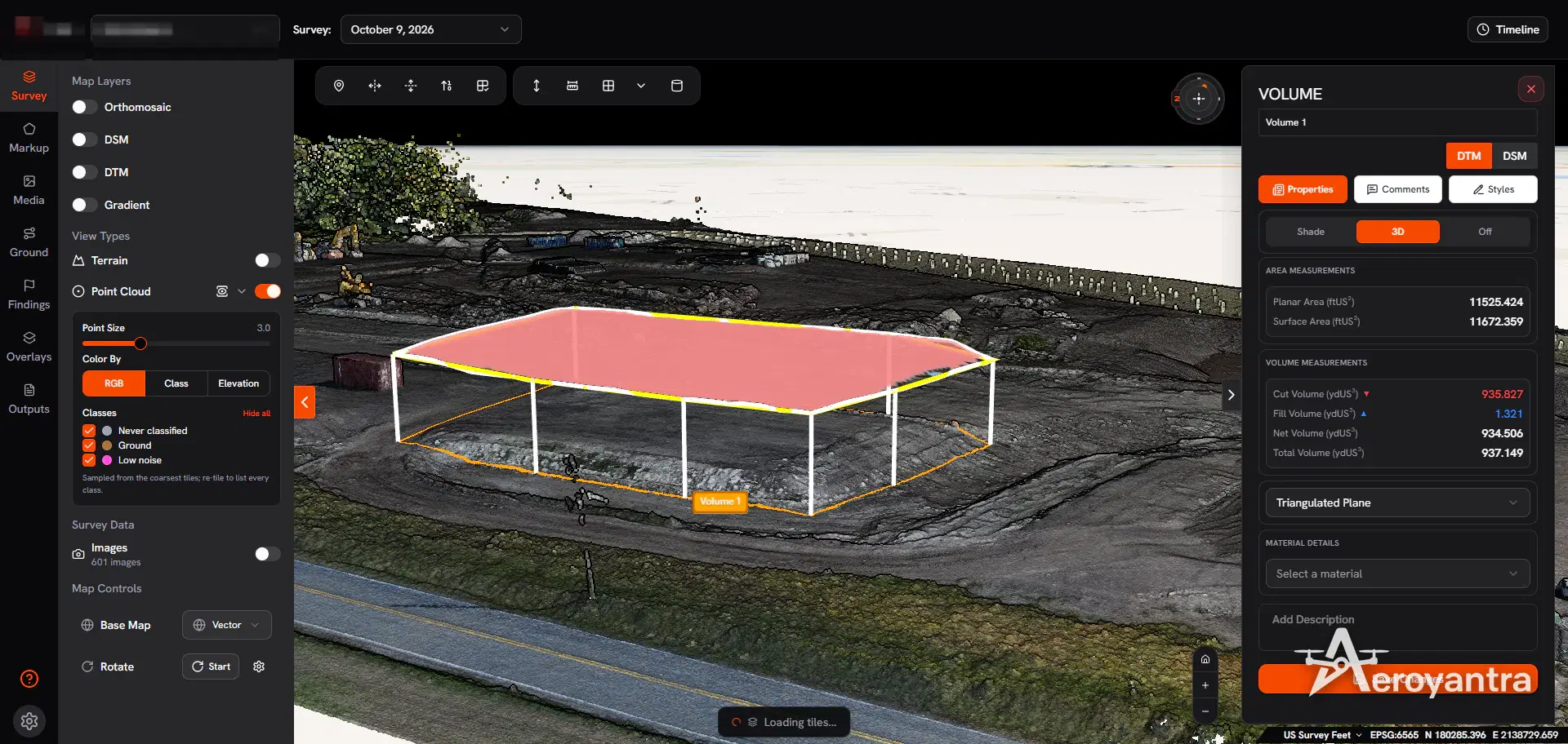 3D point cloud with cut and fill volume measurement on the excavation - earthworks and site clearing