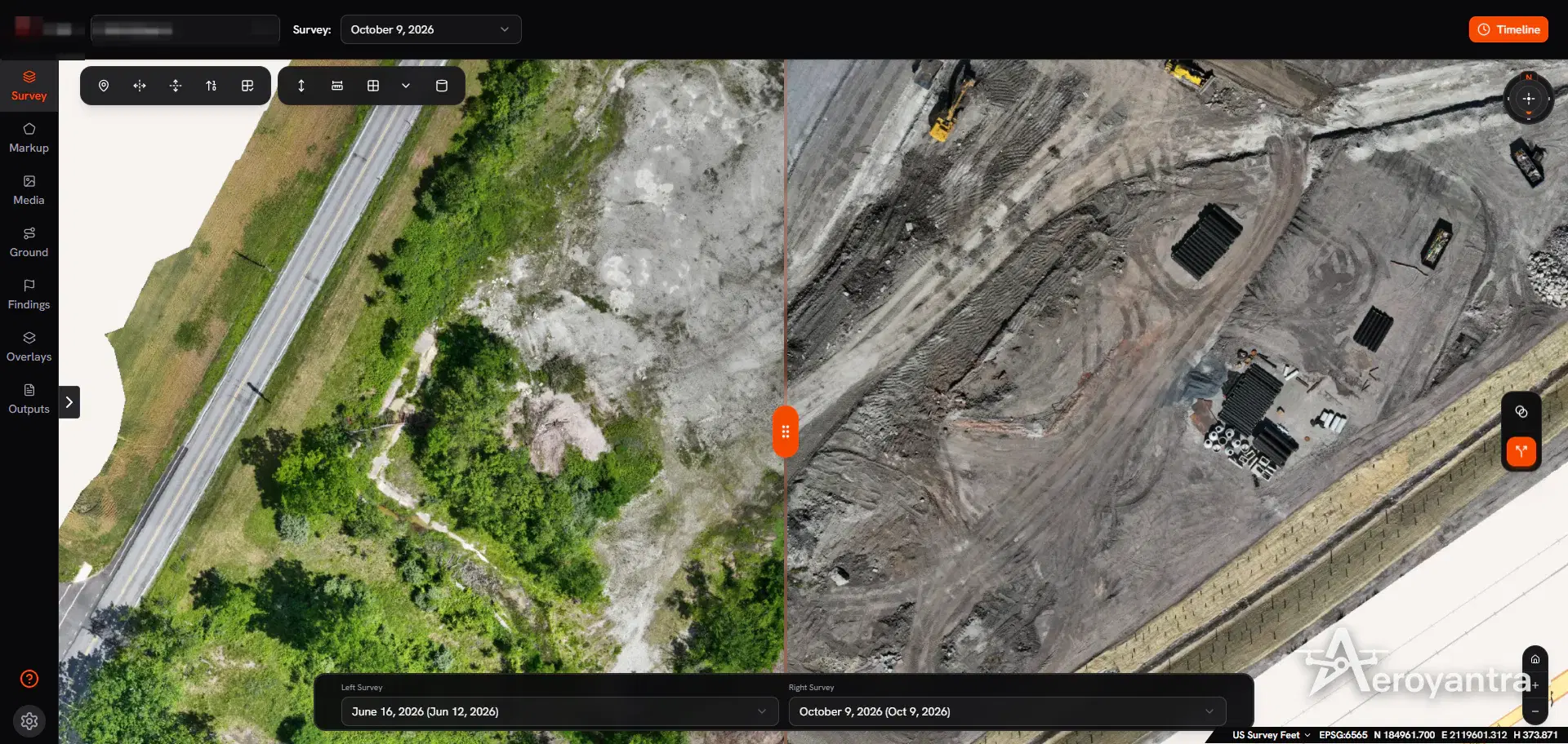 Split-screen comparison: vegetated land vs cleared earthworks - earthworks and site clearing