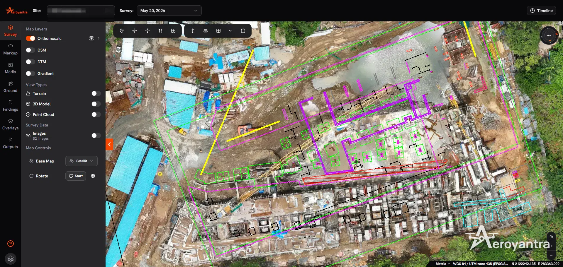 Drone orthomosaic with CAD design overlay on the slab layout - high-rise building construction
