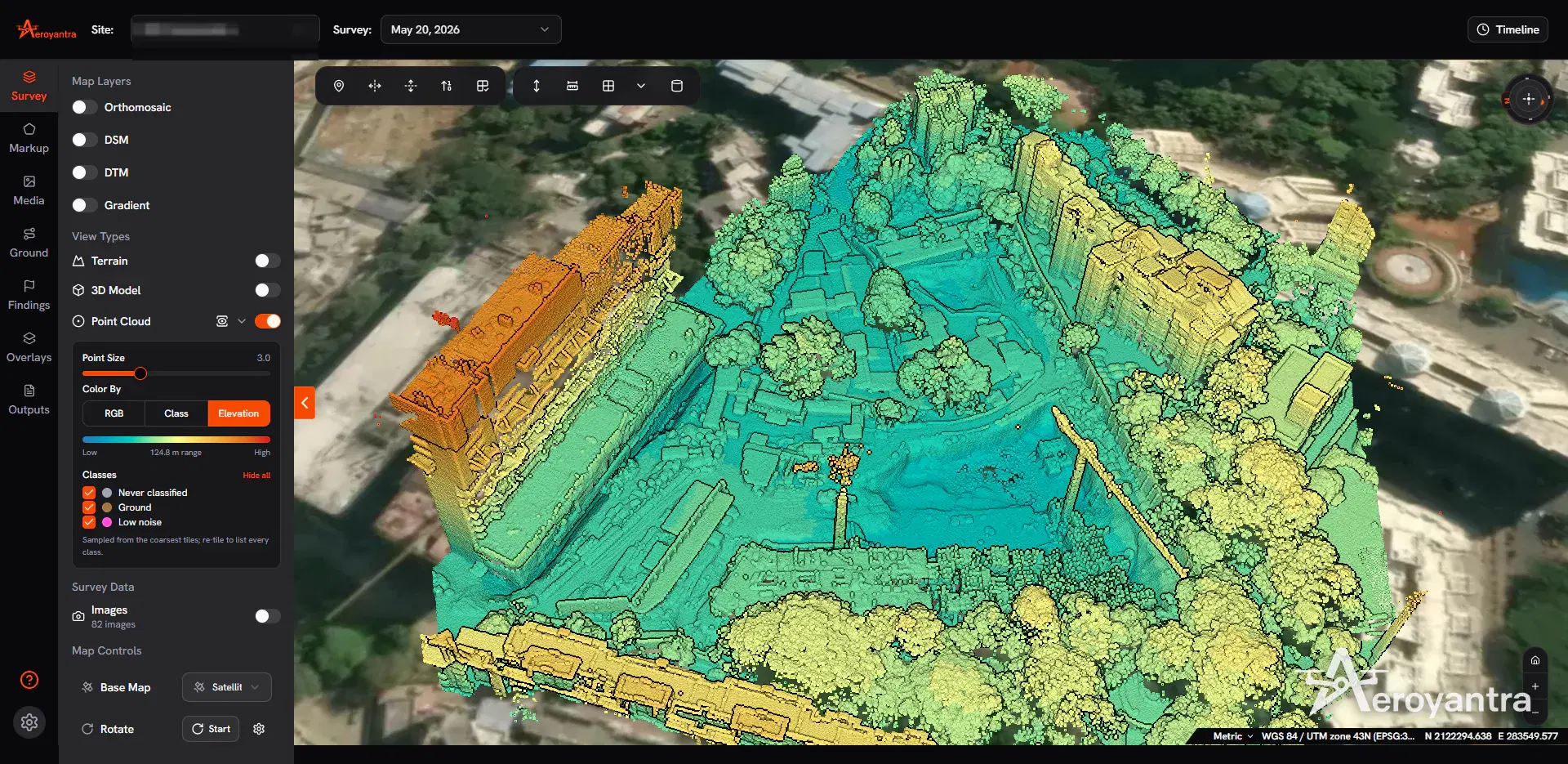 Point cloud coloured by elevation across a 124.8 m range - high-rise building construction