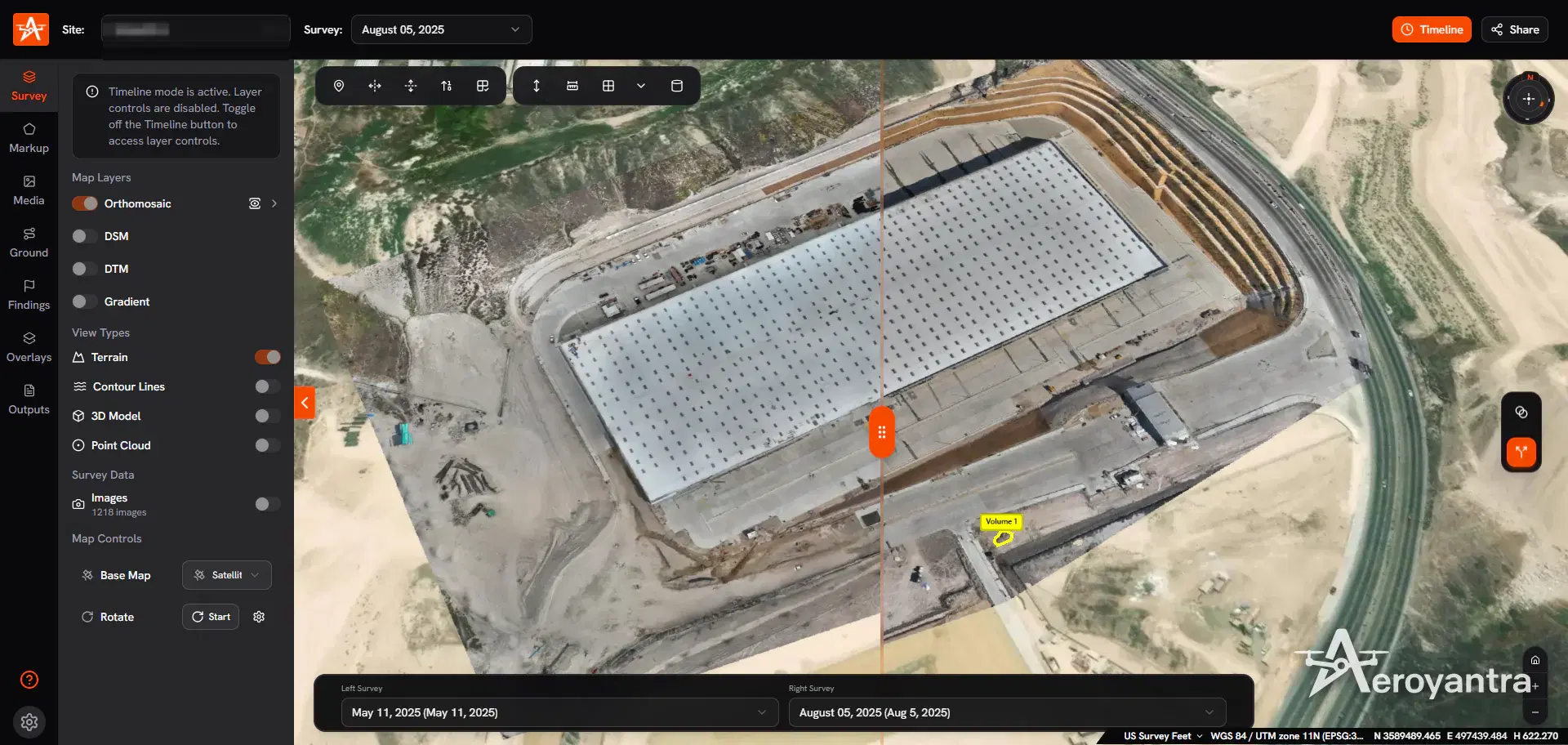 Split-screen progress comparison between two survey dates - industrial warehouse pad construction