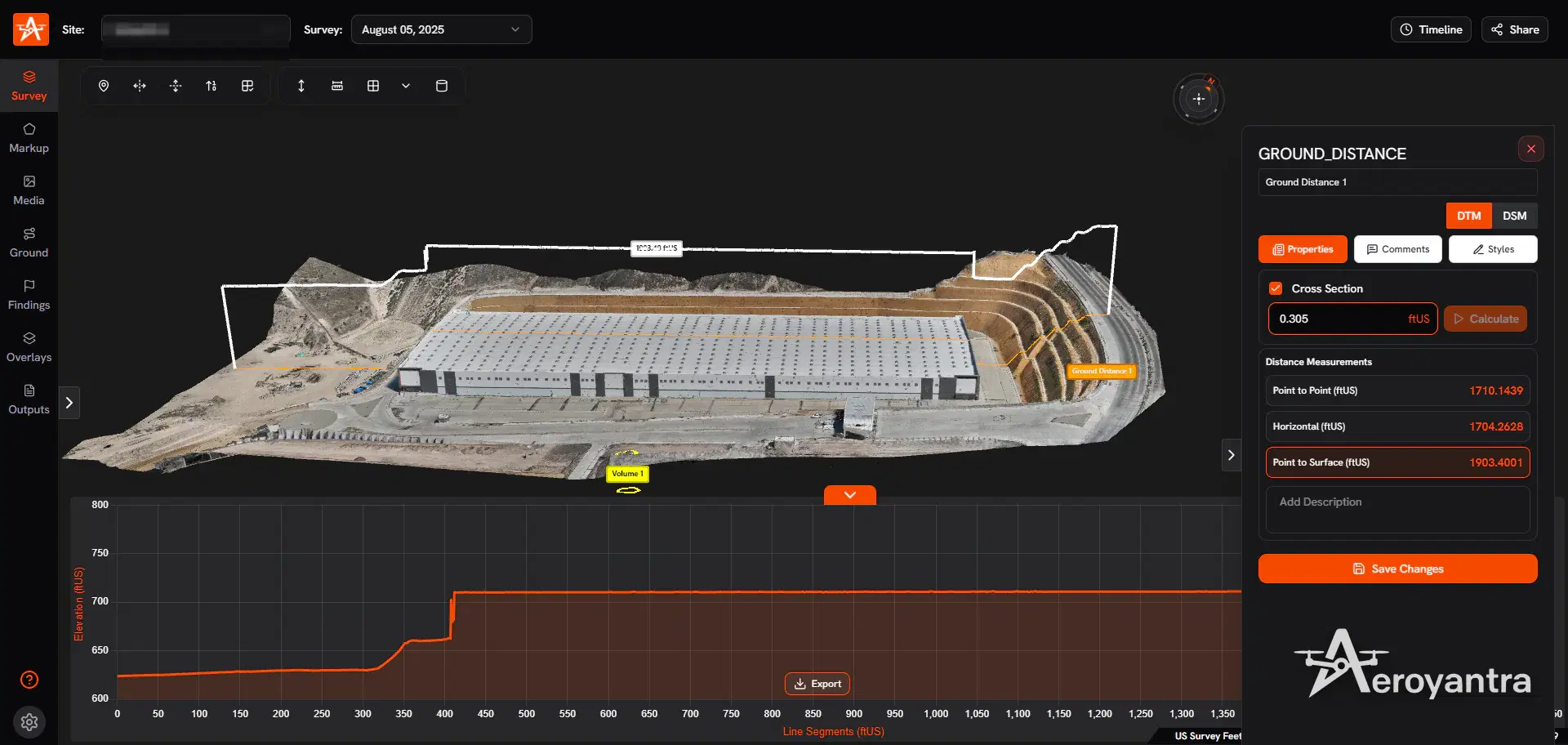 Ground distance measurement with elevation cross-section profile - industrial warehouse pad construction