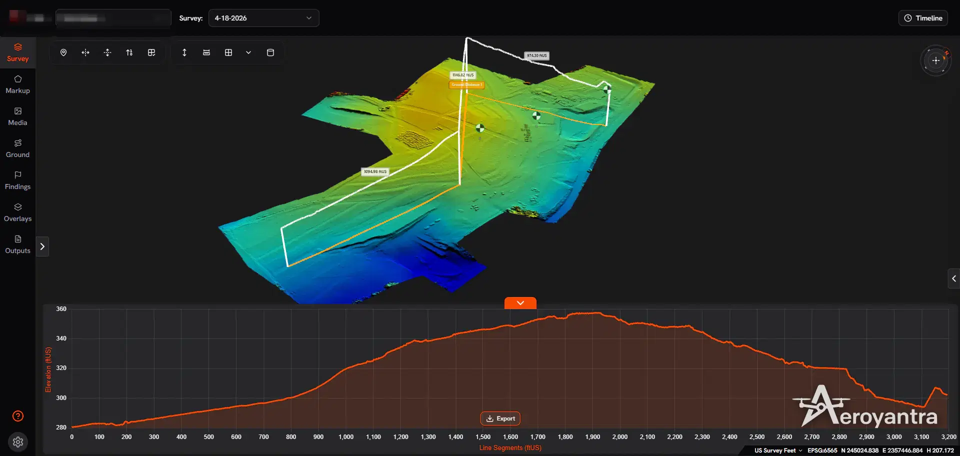 3D terrain model with elevation profile cross-section chart - large-scale land development