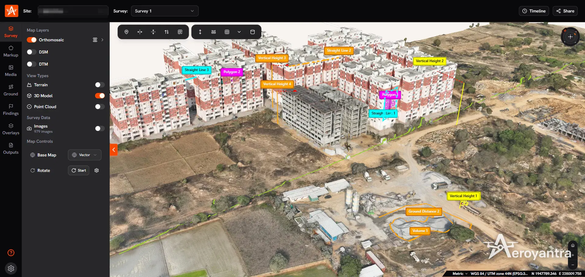 Textured 3D model with measurement and markup annotations - residential apartment towers