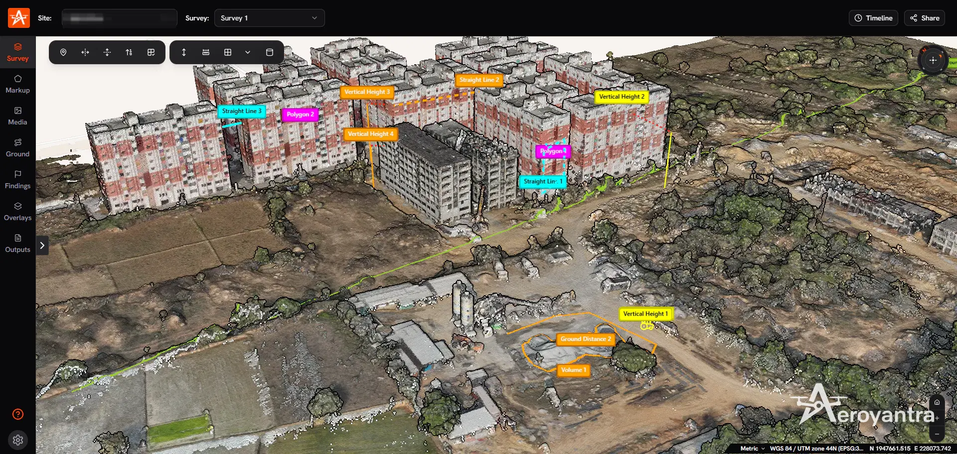3D point cloud with height, distance and polygon measurements - residential apartment towers