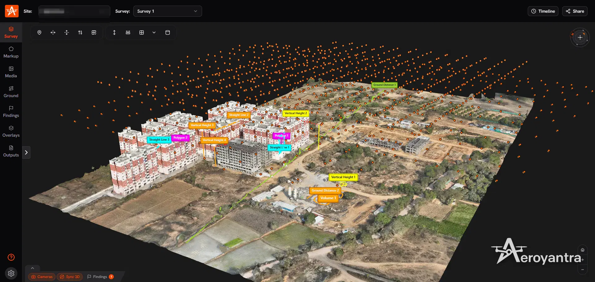Drone camera positions shown over the 3D reconstruction - residential apartment towers