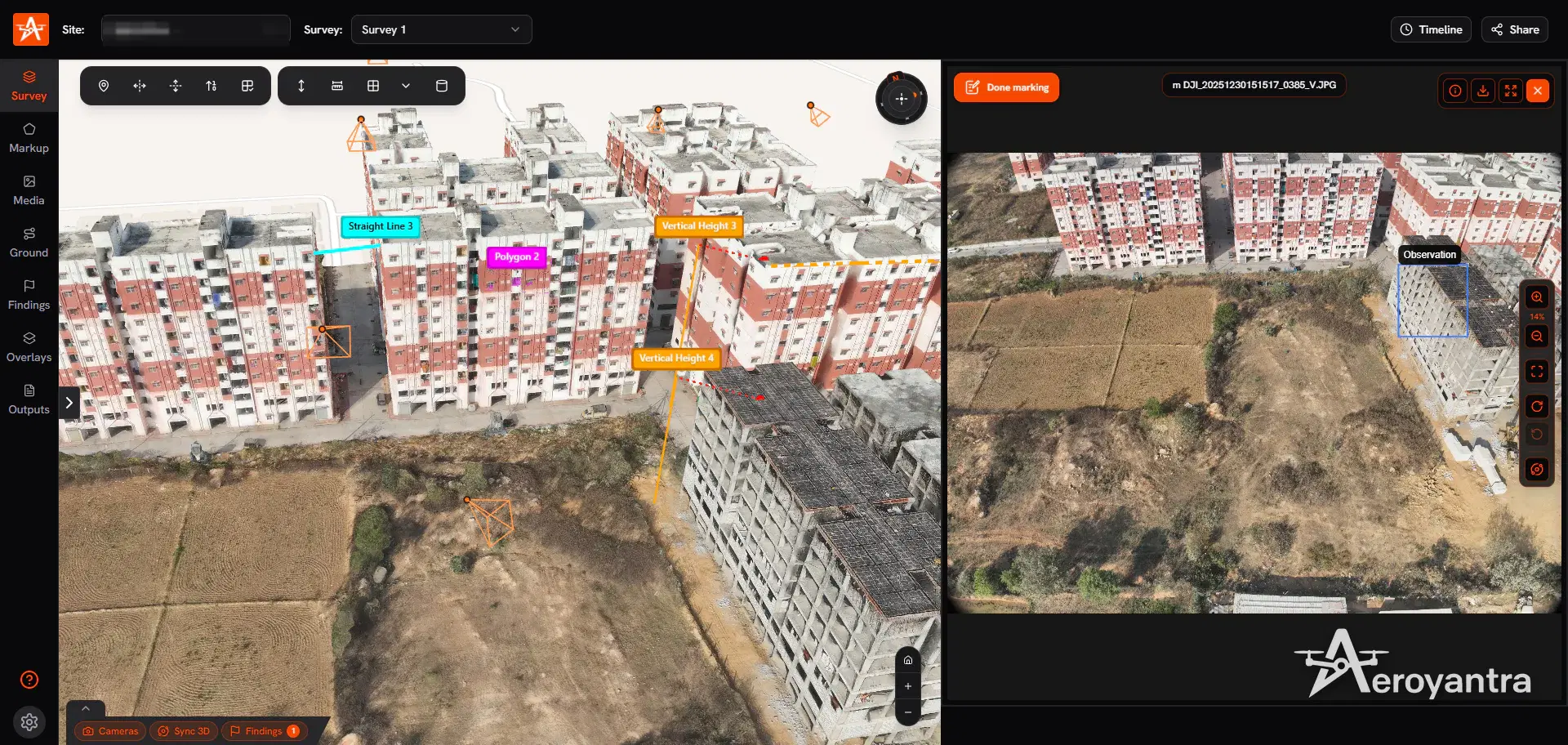 Photo markup and measurement tools alongside the 3D site model - residential apartment towers