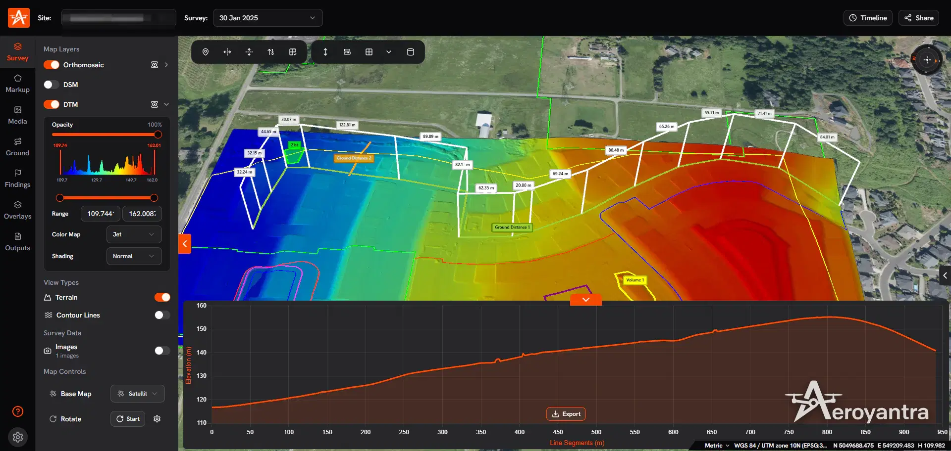 DTM terrain model with distance measurements and elevation profile - residential subdivision development
