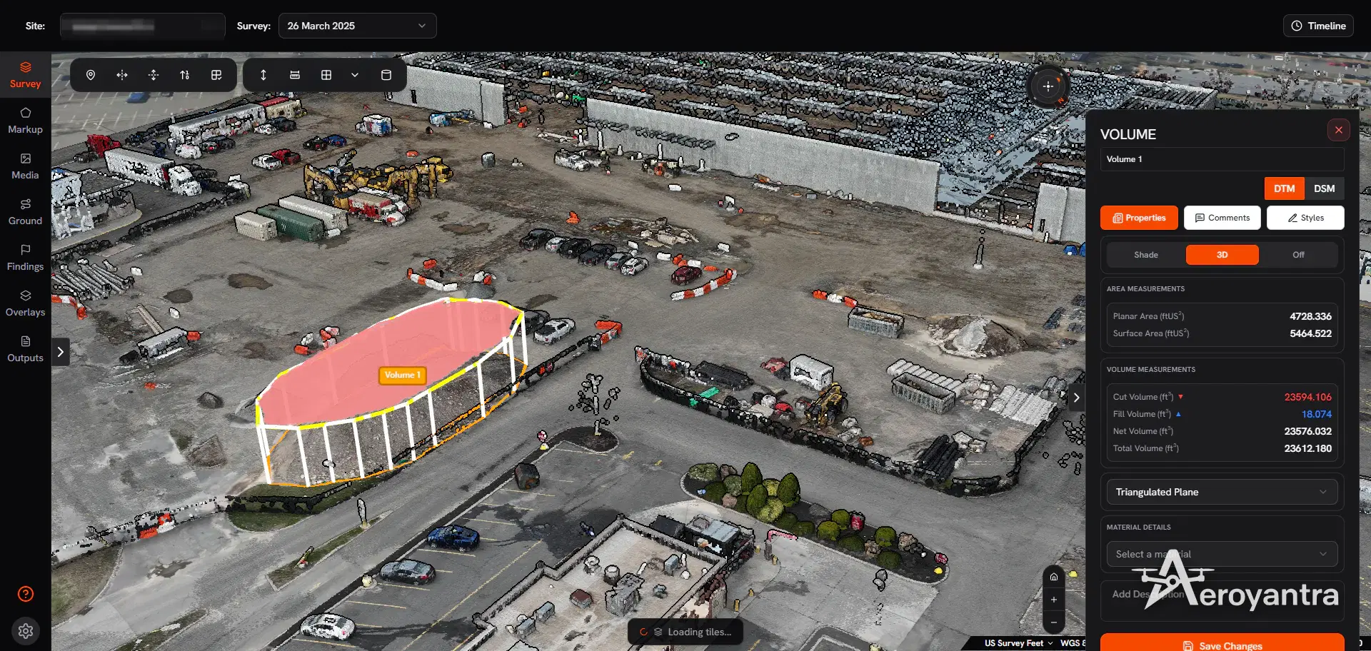 Cut and fill volume measurement drawn on the 3D site model - retail store construction