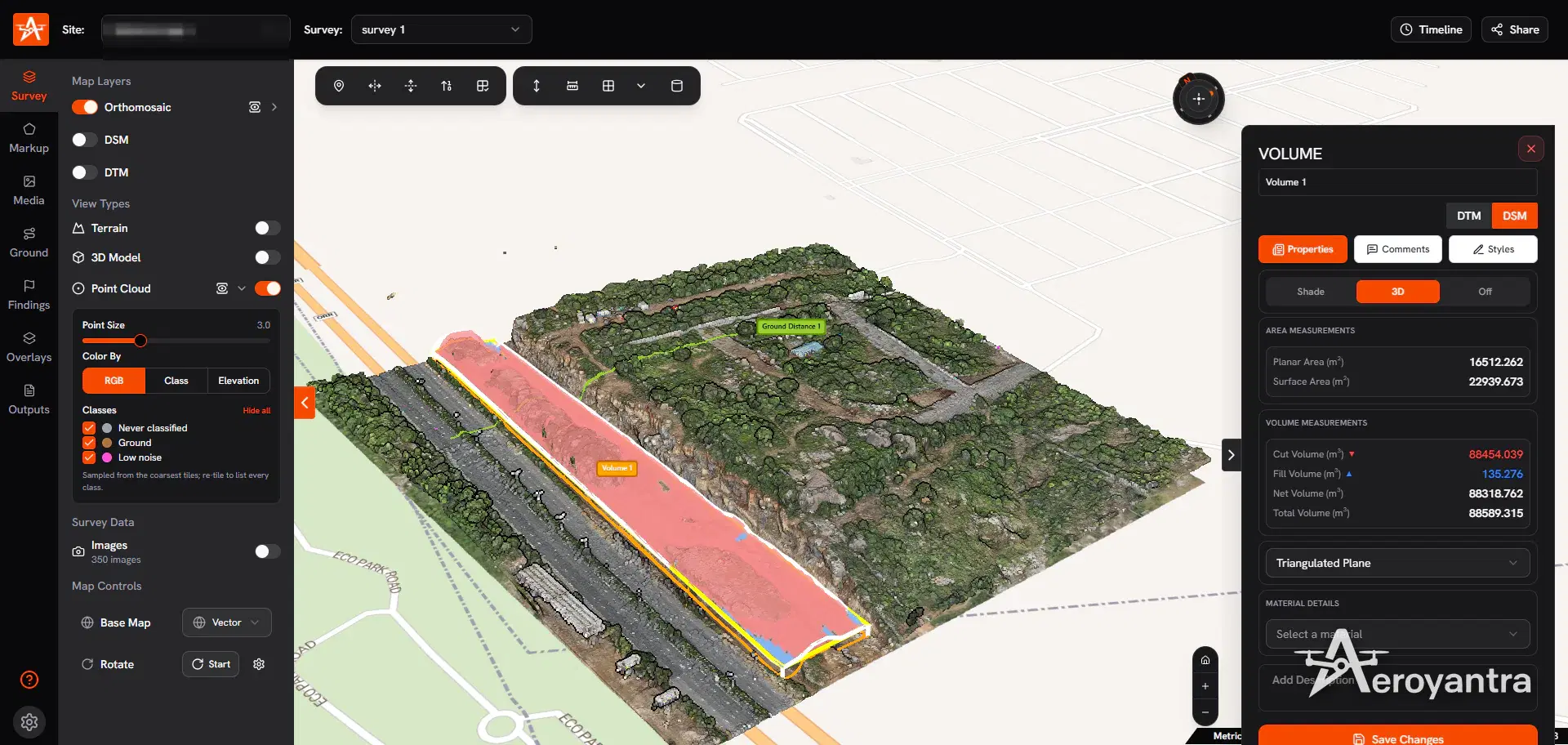 3D point cloud with road corridor cut and fill volume measurement - road corridor and land parcel survey