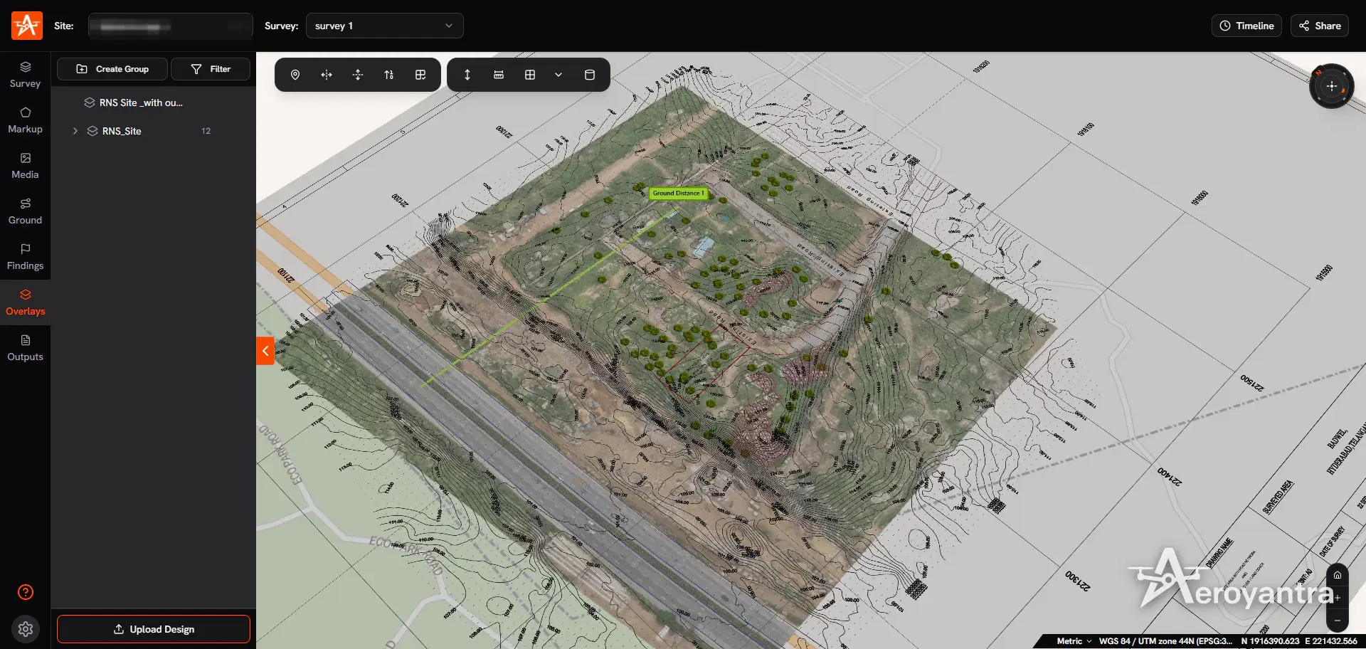 DXF topographic contour overlay on the 3D site model - road corridor and land parcel survey