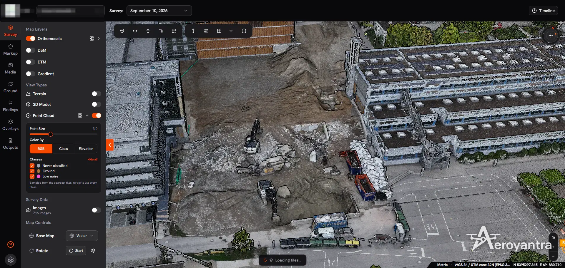 RGB 3D point cloud of the school excavation and adjacent buildings - school building construction and demolition