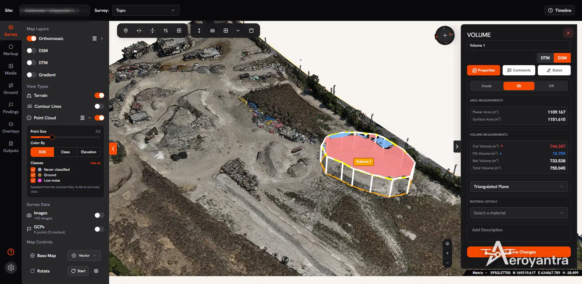RGB 3D point cloud with stockpile volume measurement - topographic and stockpile survey