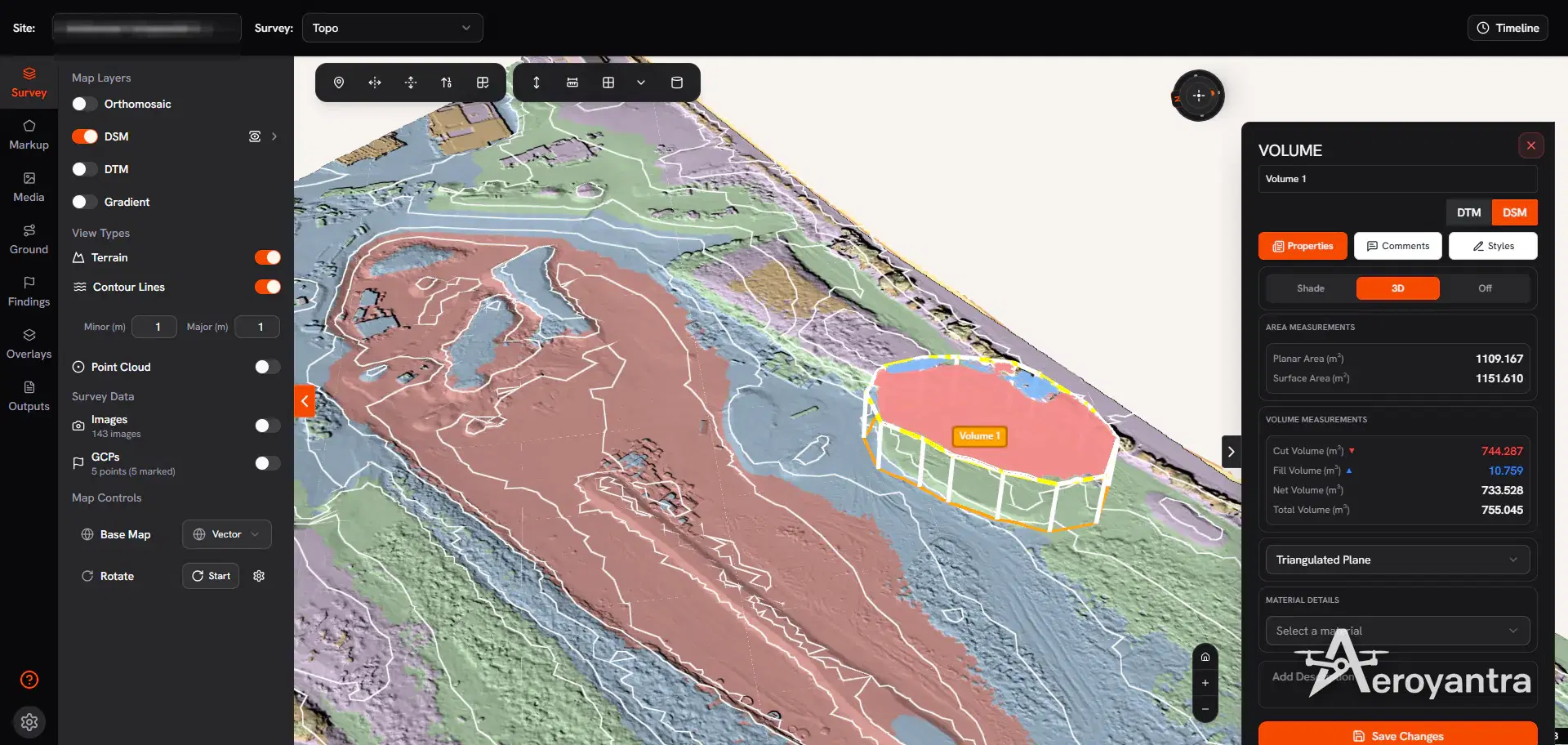 DSM with 1 m contour lines and a volume measurement polygon - topographic and stockpile survey