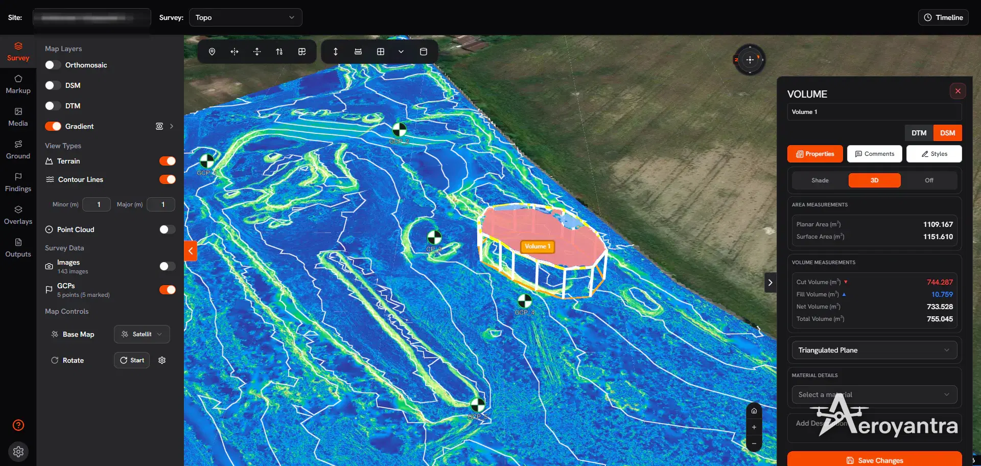 Elevation gradient map of a topographic drone survey with ground control points and a volume measurement