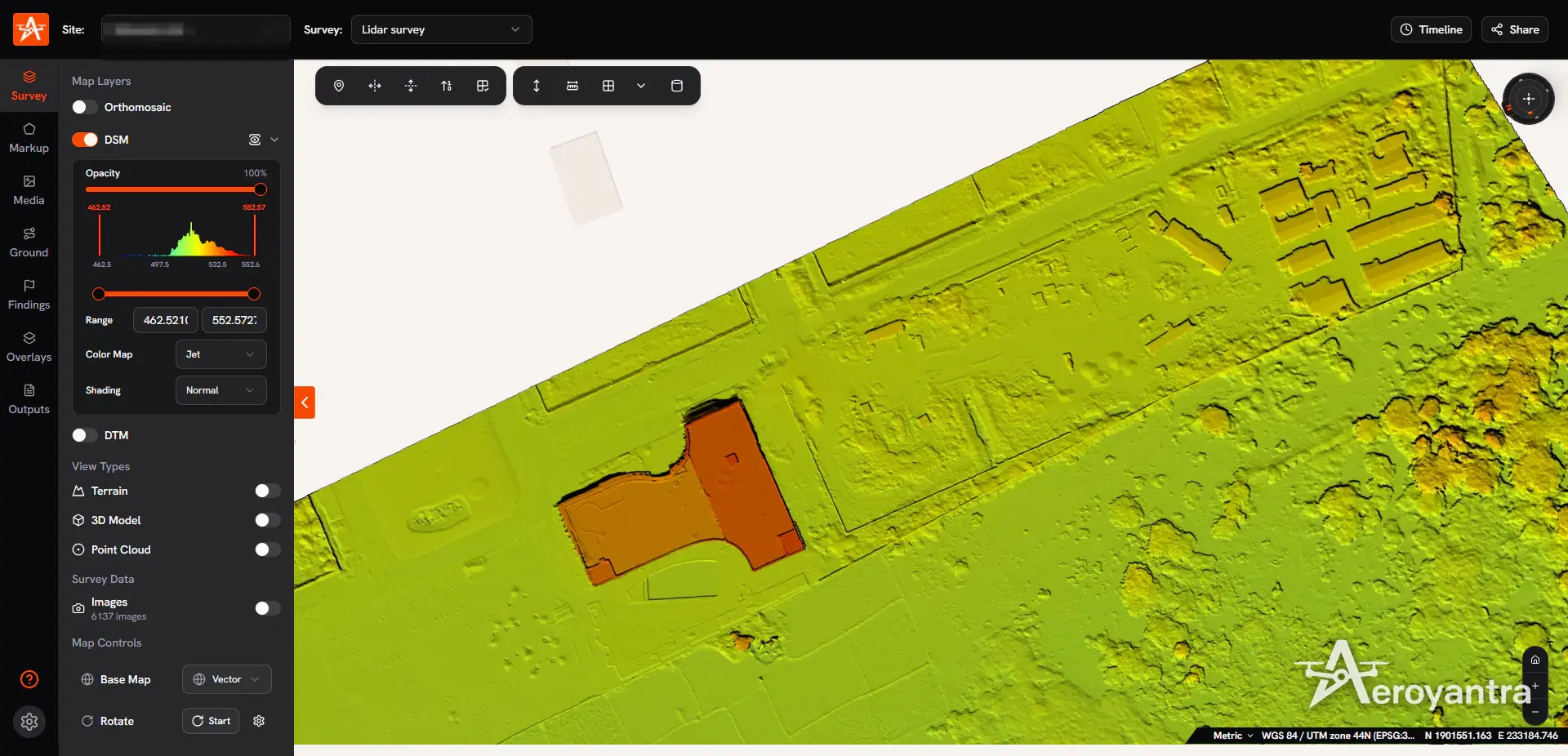 DSM digital surface model coloured by elevation - township development, lidar survey