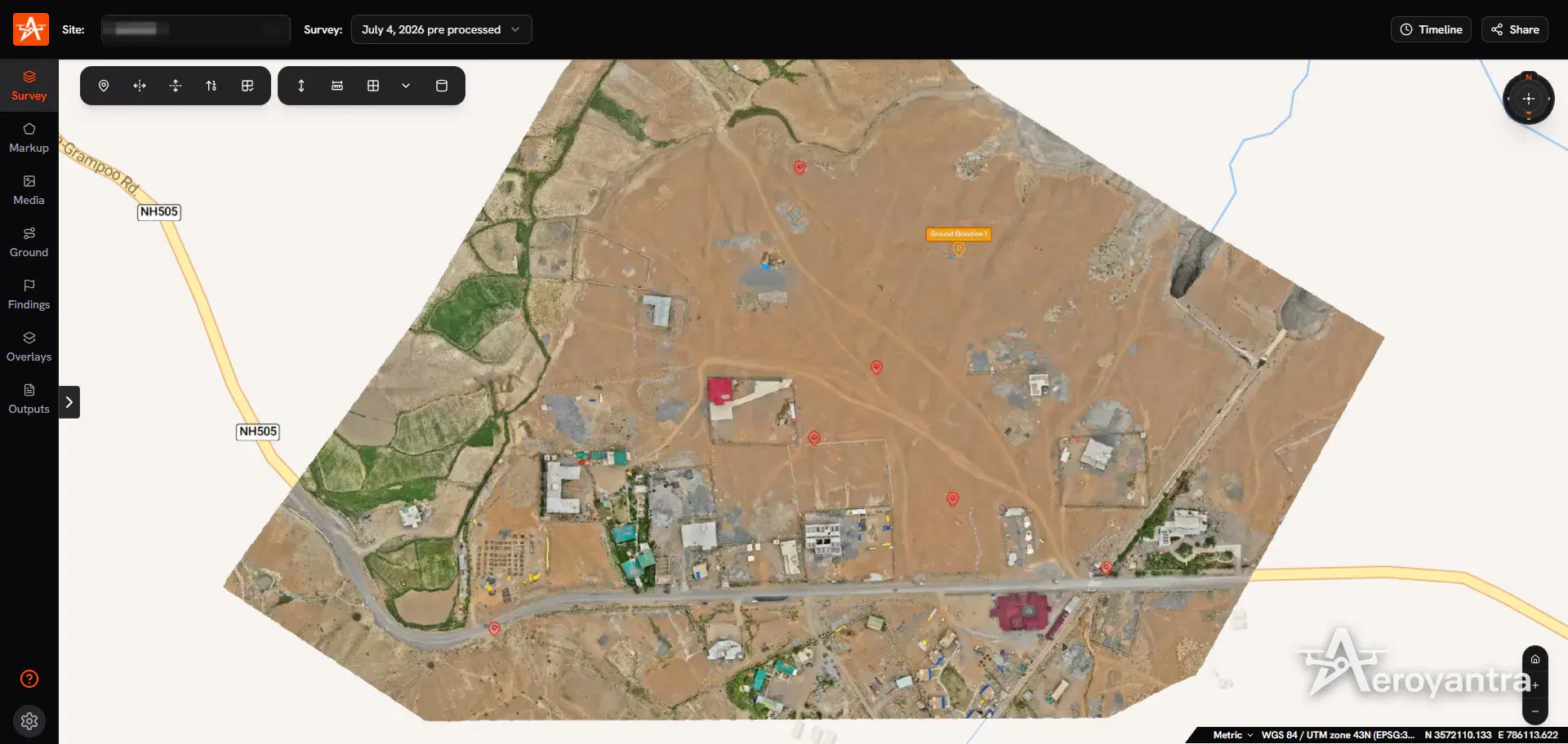 Drone orthomosaic map with survey markers over the village site - village and road corridor survey