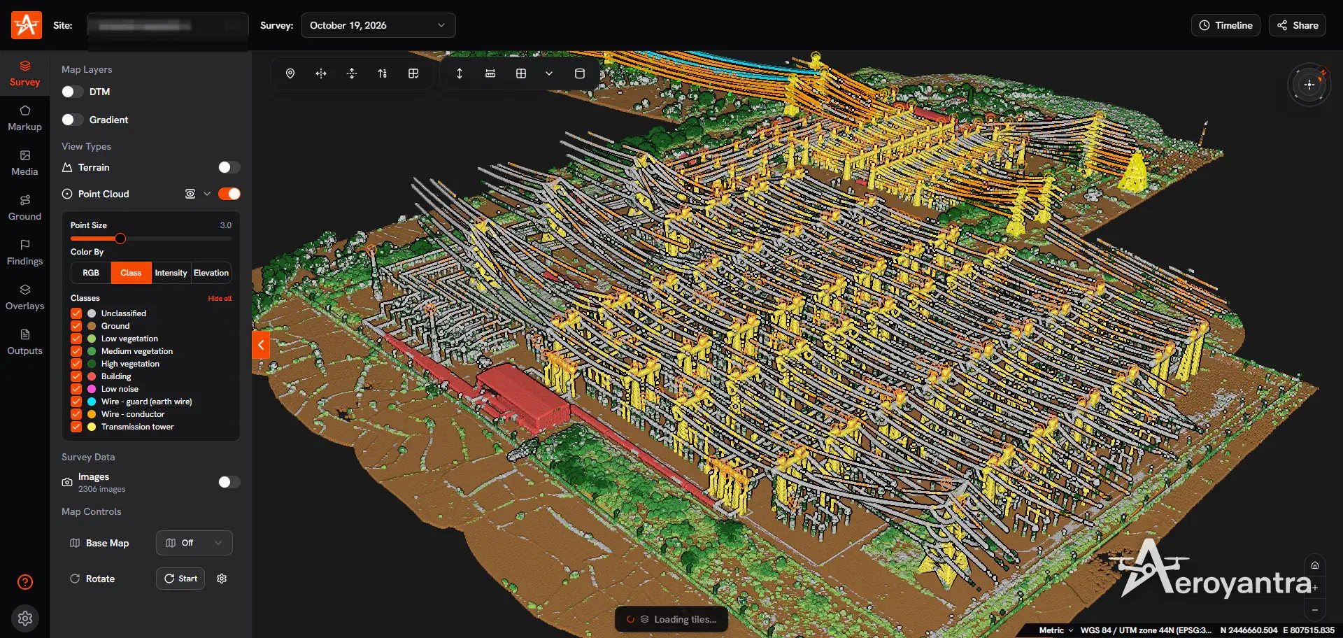 Classified point cloud of substation equipment, gantries and structures - electrical substation lidar survey