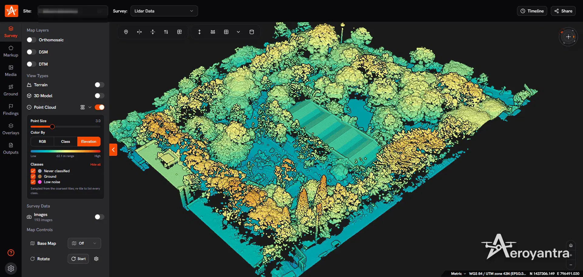 Elevation-coloured LiDAR point cloud across a 62.1 m range - land survey lidar point cloud