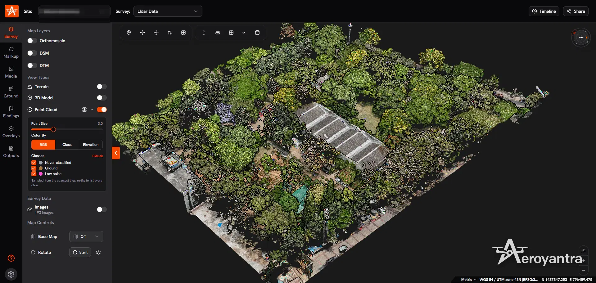 RGB LiDAR point cloud of the survey plot, sheds and tree cover - land survey lidar point cloud