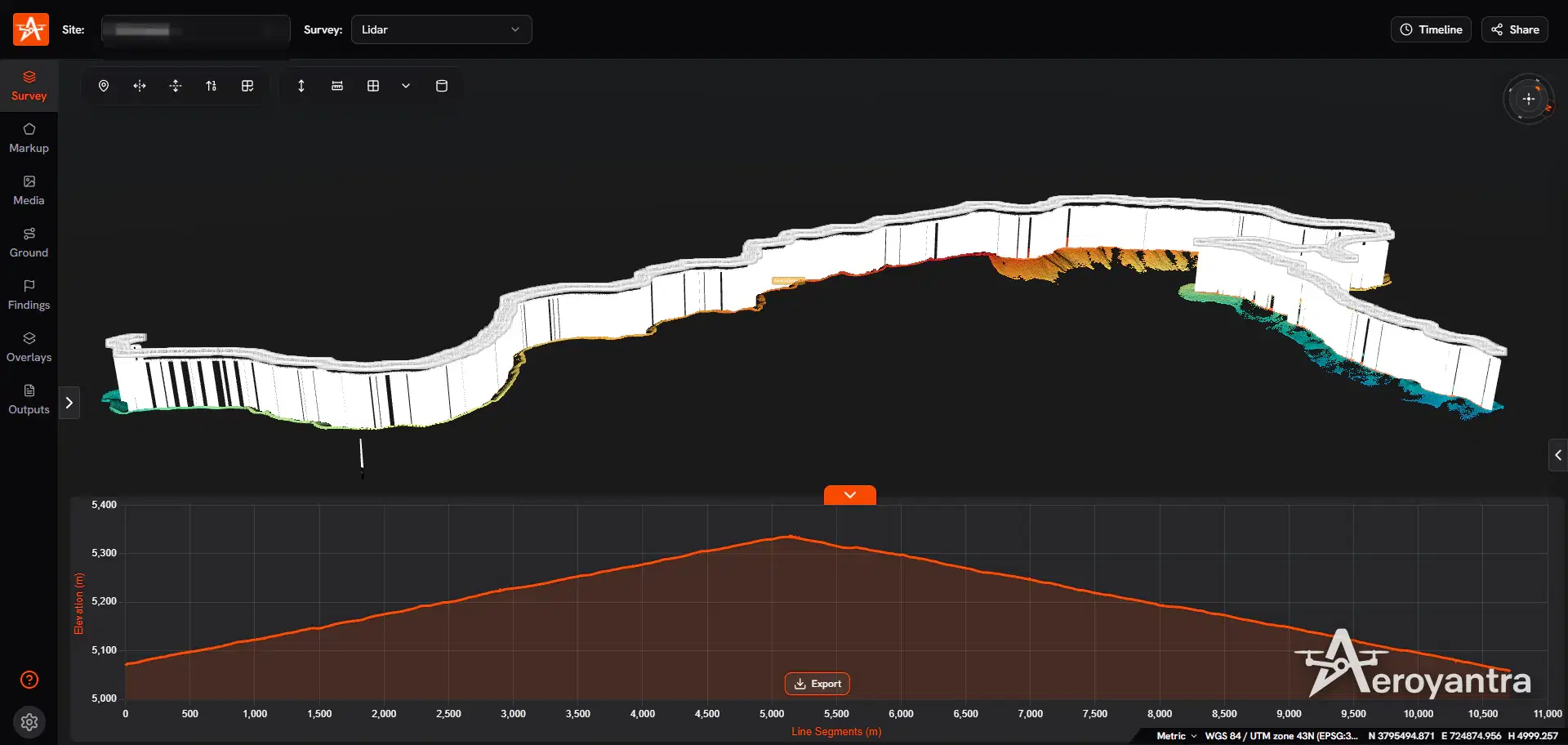Full 11 km corridor with elevation profile from 5,000 m to 5,400 m - high-altitude mountain pass road lidar survey