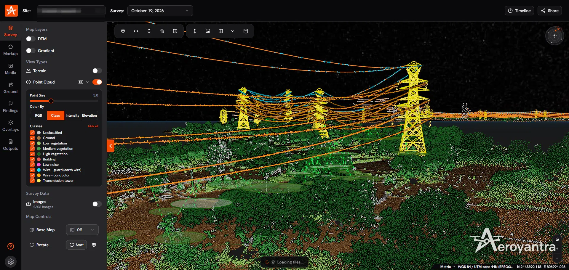 Close-up classified point cloud of transmission towers and conductors - powerline vegetation encroachment analysis