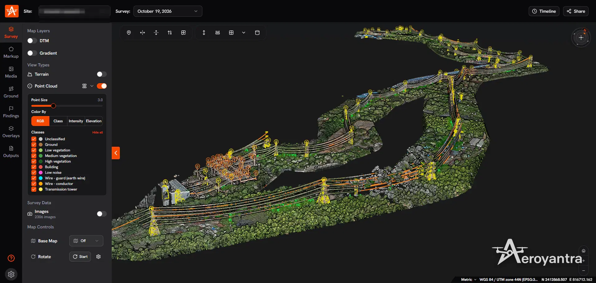 RGB point cloud of the transmission corridor with tower markers - transmission corridor asset mapping, lidar